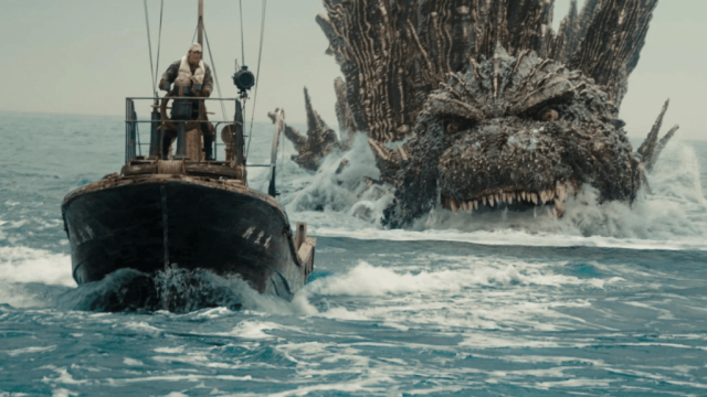 Godzilla menaces a small boat in "Godzilla Minus 1" (2023)